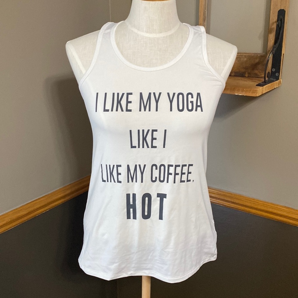 Champion white & black tank I like my yoga like my coffee HOT size XS